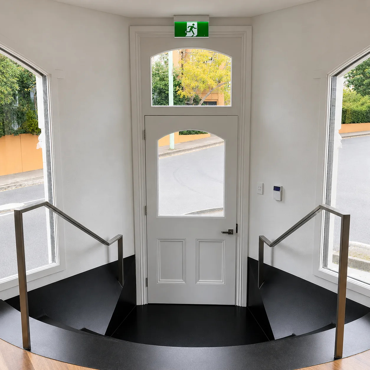 Black steel and timber handrails flanking an interior entry landing.