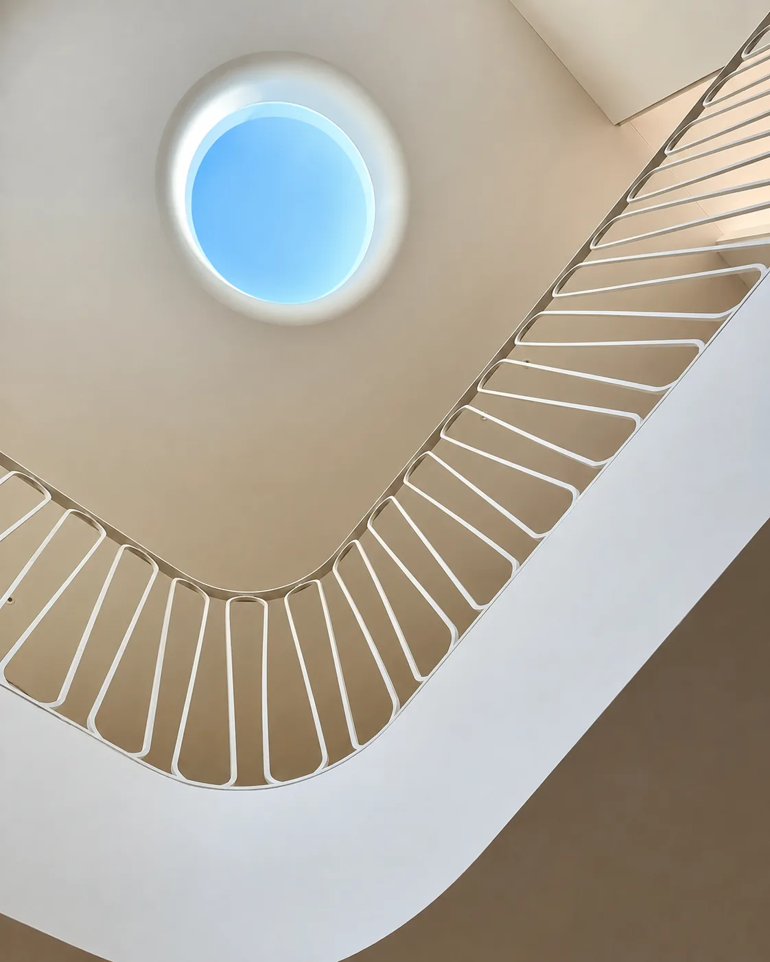 Curved staircase with fine metal balustrade beneath a round skylight, from above.